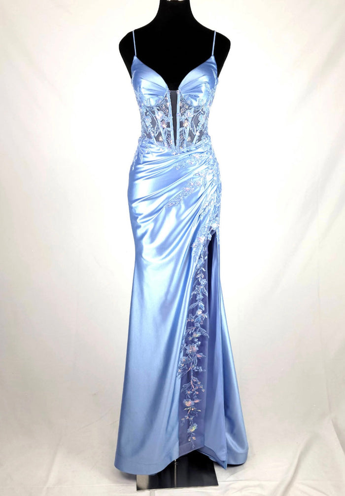 Chicas D502 Evening Black Illusion Floor-Length High-Slit Sequin Satin Dress
