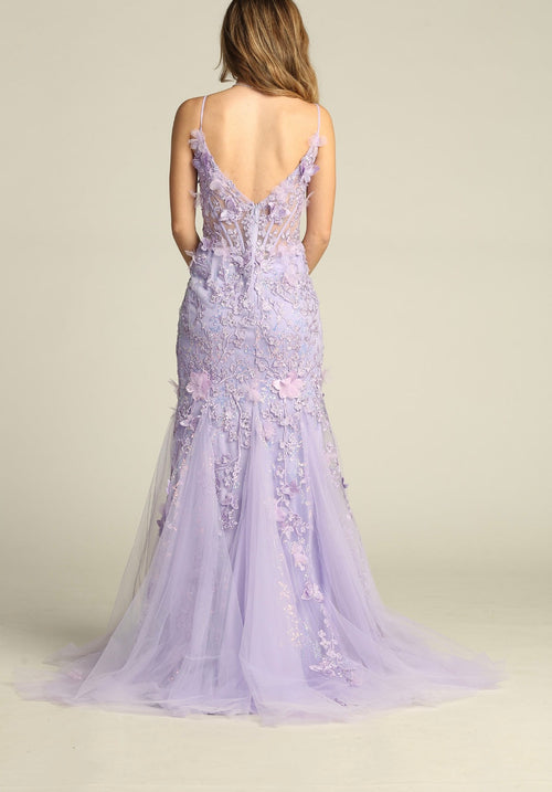 Chicas C328 Modern Printed Evening Lilac Spaghetti-Strap Floral Tulle Dress