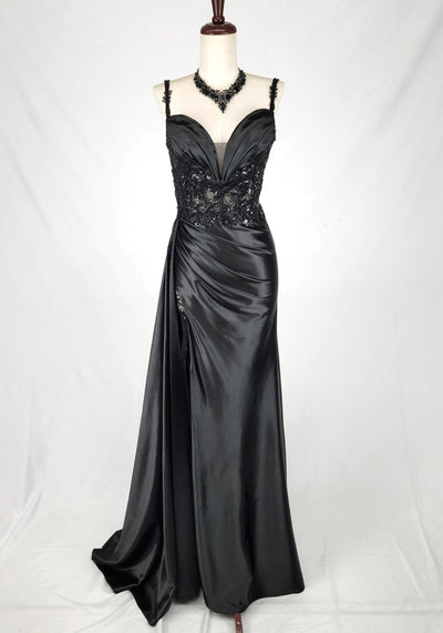 Chicas C342 Elegant Evening Black Sweetheart Floor-Length High-Slit Satin Dress