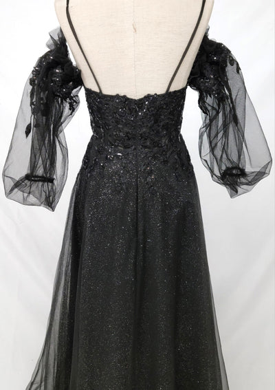 Chicas C358 Modern Printed Prom Black A-Line Spaghetti-Strap Tulle Dress