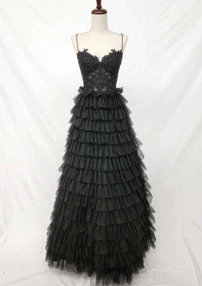 Chicas C833 Printed Evening Black Spaghetti-Strap Floral Tulle Dress