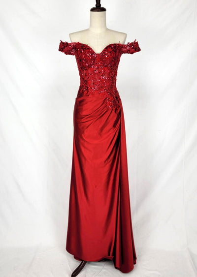 Chicas C362 Printed Evening Red Illusion Floral Floor-Length Satin Dress