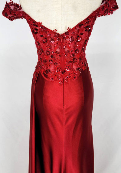 Chicas C362 Printed Evening Red Illusion Floral Floor-Length Satin Dress