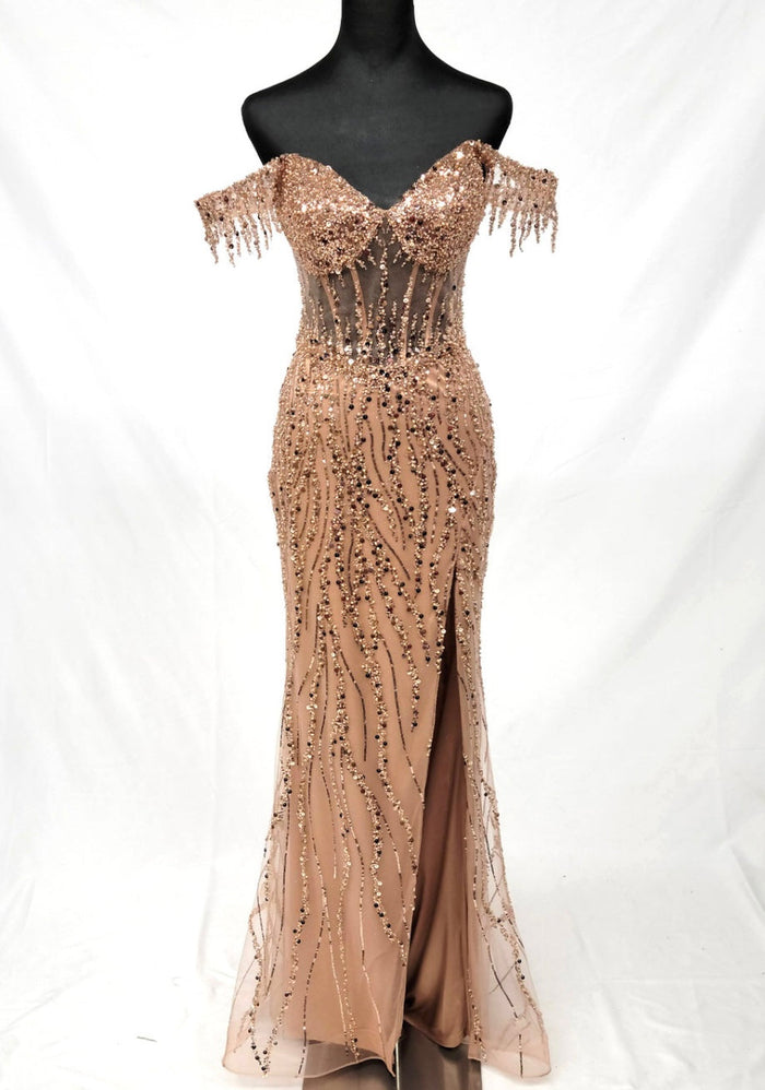 Chicas C331 Evening Floor-Length Corset High-Slit Beaded Fabric Dress