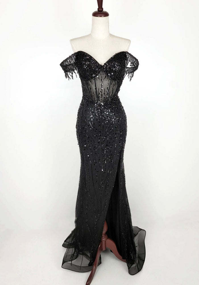 Chicas C331 Evening Floor-Length Corset High-Slit Beaded Fabric Dress
