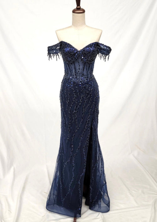 Chicas C331 Evening Floor-Length Corset High-Slit Beaded Fabric Dress