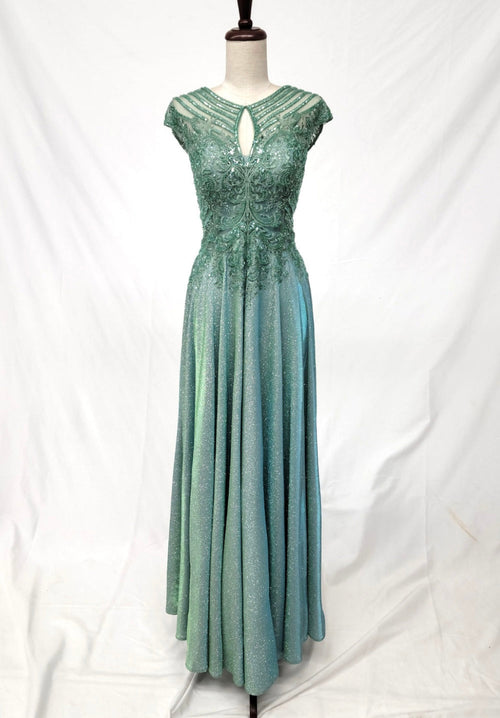 Chicas J132 Evening Blue A-Line Floor-Length Embroidered Shimmer Fabric Dress