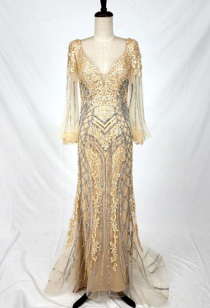 Chicas C339 Evening Gold Illusion Floor-Length Fabric Dress