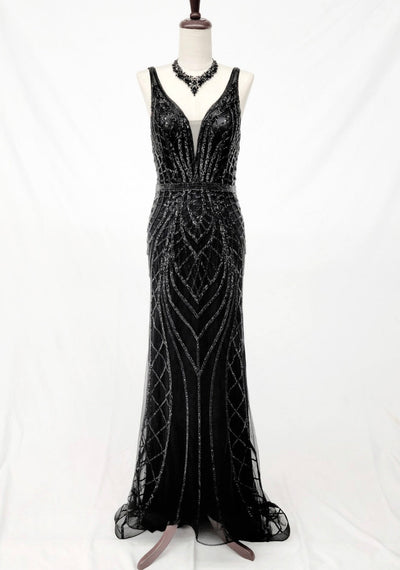 Chicas C830 Evening Black Illusion Floor-Length Beaded Fabric Dress