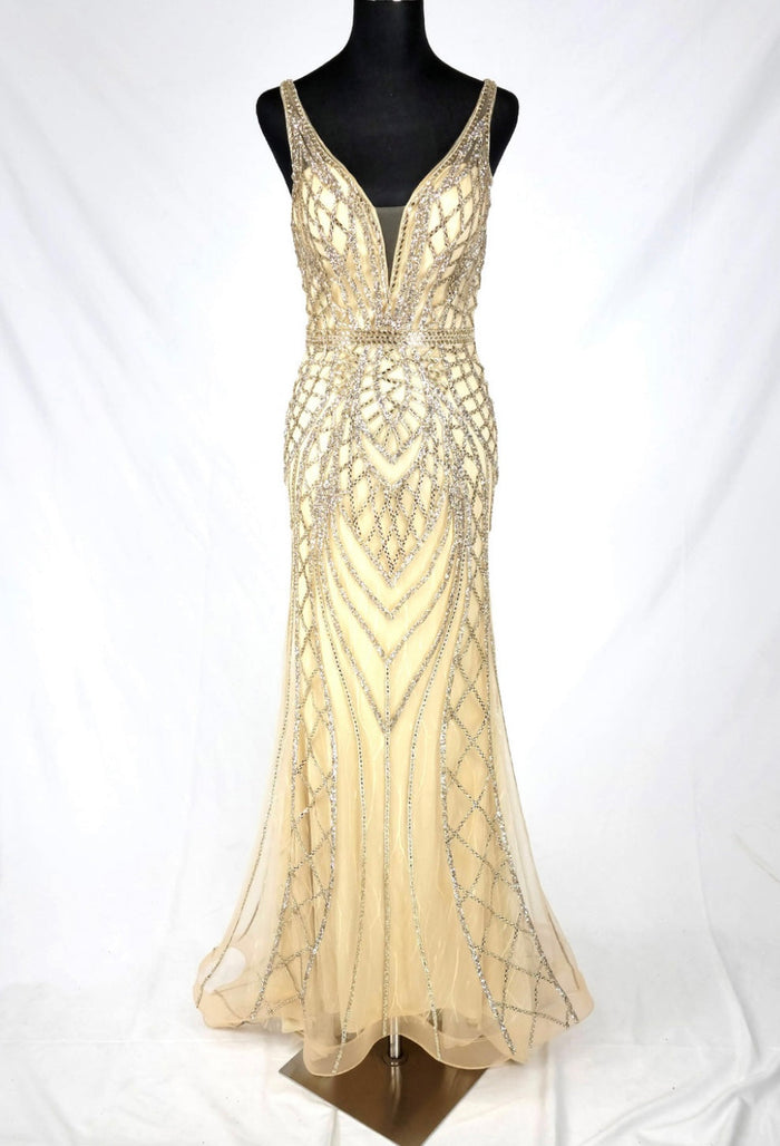 Chicas C830 Evening Black Illusion Floor-Length Beaded Fabric Dress