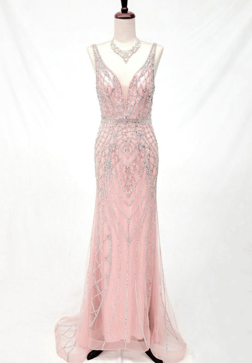 Chicas C830 Evening Black Illusion Floor-Length Beaded Fabric Dress