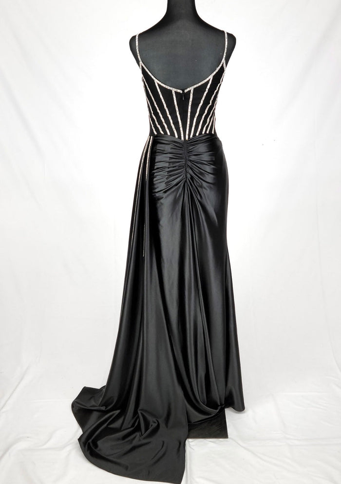 Chicas C343 Evening Black Spaghetti-Strap Floor-Length Satin Dress