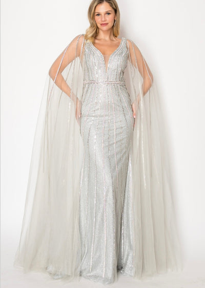 Chicas C828 Formal Silver Floor-Length Sequin Shimmer Cape Tulle Dress