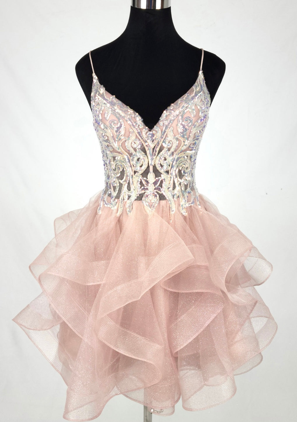 Chicas DM8031 Cocktail Champagne Spaghetti-Strap Short Sequin Tulle Dress