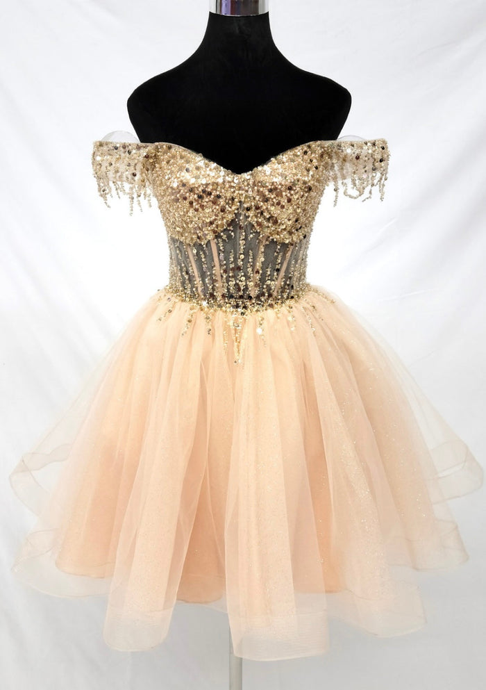 Chicas C356 Champagne Sweetheart Mini Corset Beaded Tulle Dress