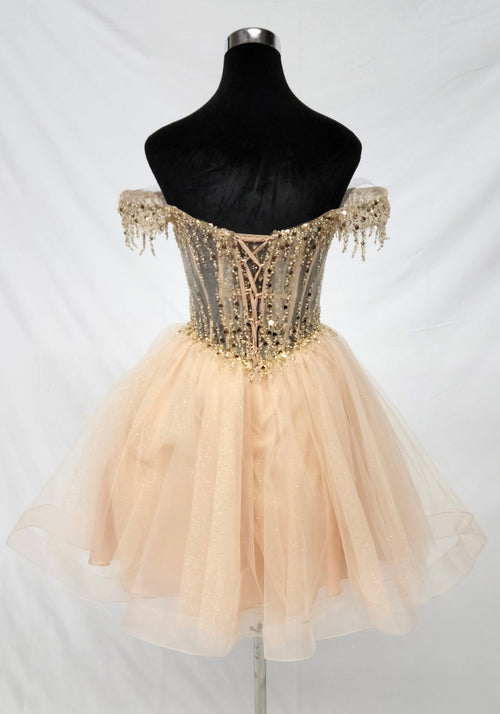 Chicas C356 Champagne Sweetheart Mini Corset Beaded Tulle Dress