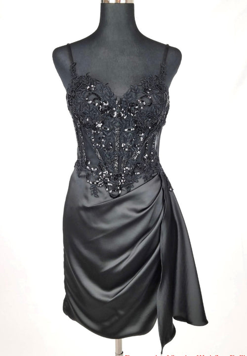 Chicas C355 Elegant Cocktail Black Spaghetti-Strap Short Corset Satin Dress