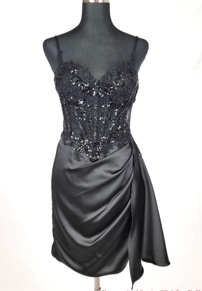 Chicas C355 Elegant Cocktail Black Spaghetti-Strap Short Corset Satin Dress