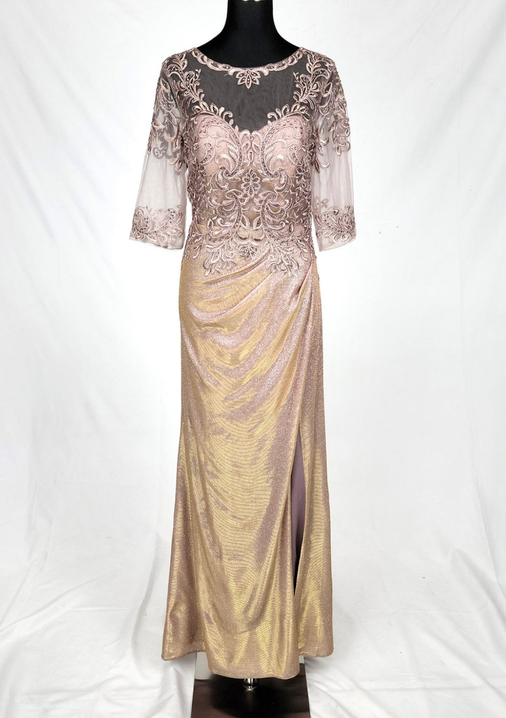 Chicas J046 Evening Gold Illusion Floor-Length High-Slit Fabric Dress
