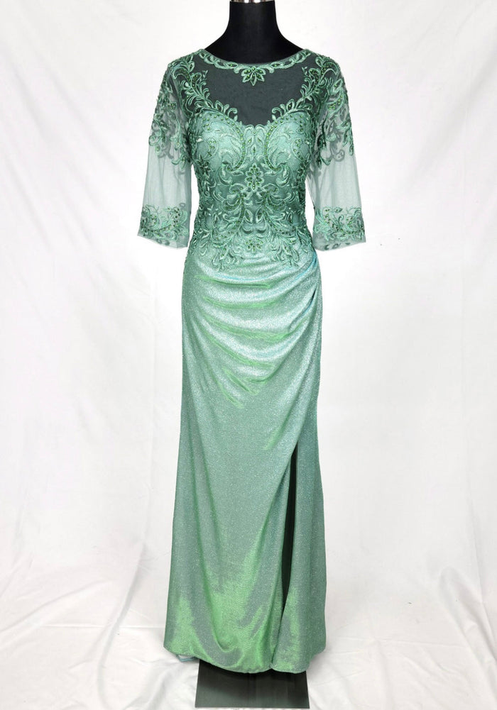 Chicas J046 Evening Gold Illusion Floor-Length High-Slit Fabric Dress