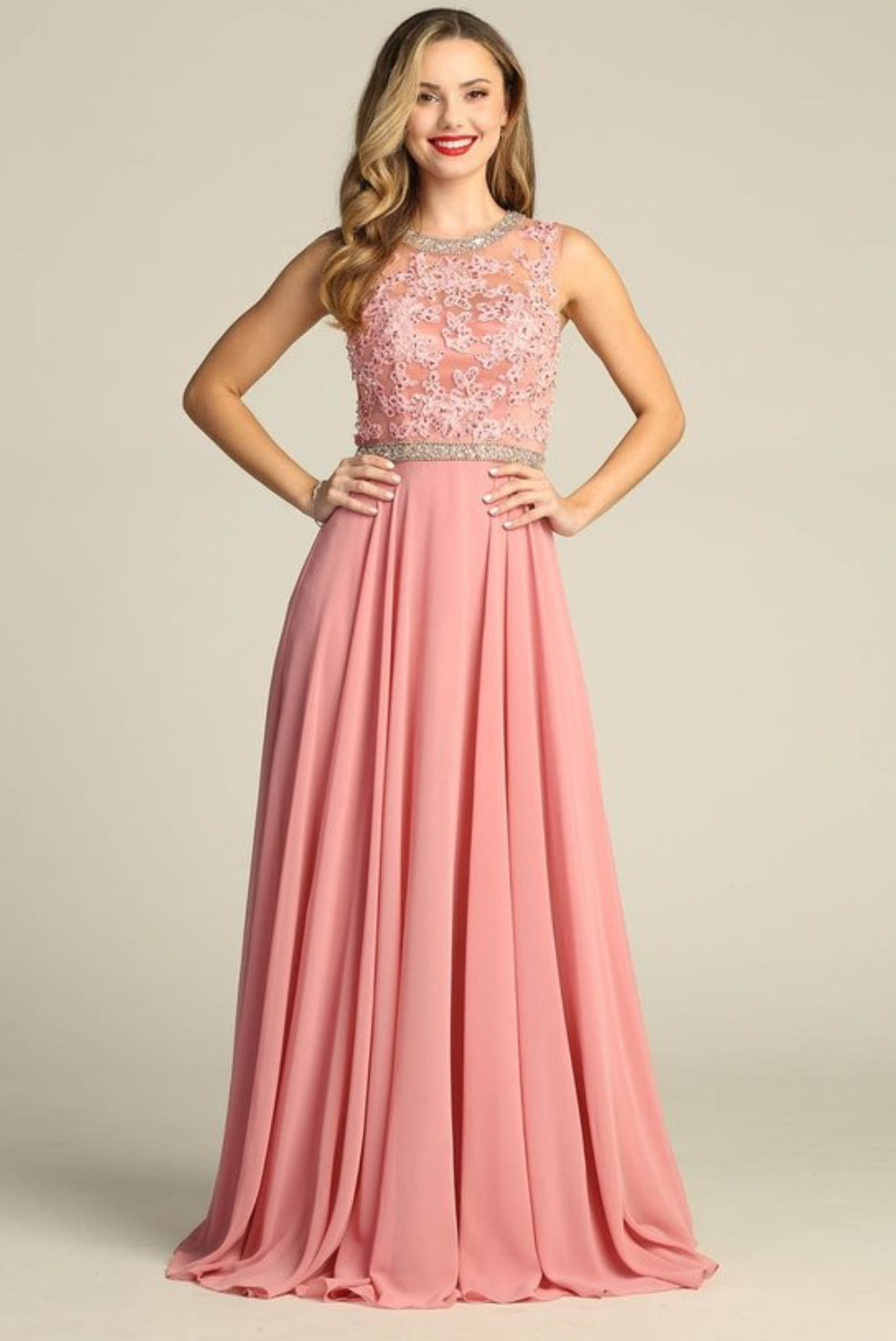 Chicas YG5005 Long Open-Back Beaded Chic Style Chiffon Dress