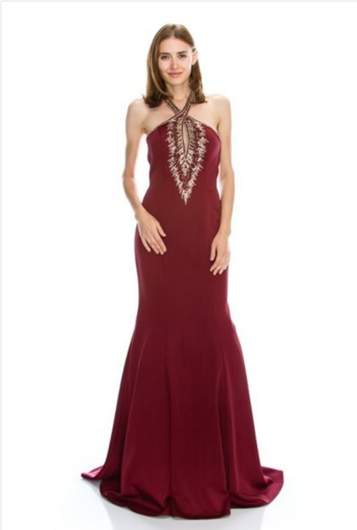 Chicas CC3017 Mermaid Halter Floor-Length Formal Style Jersey Dress