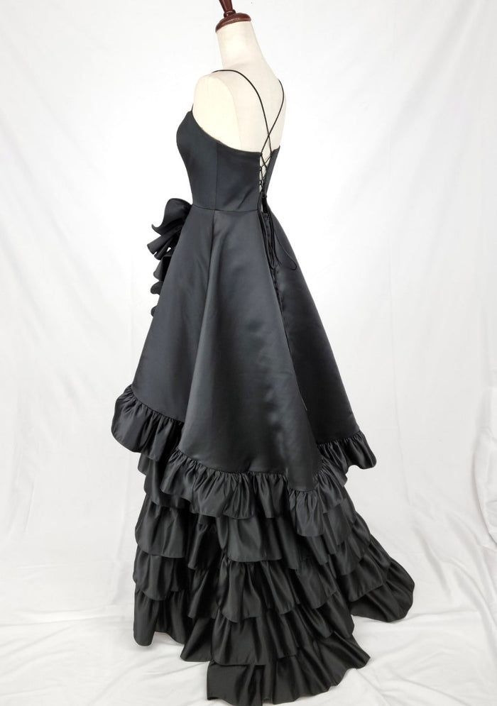 Chicas C826 Evening Black High-Low Spaghetti-Strap Satin Dress