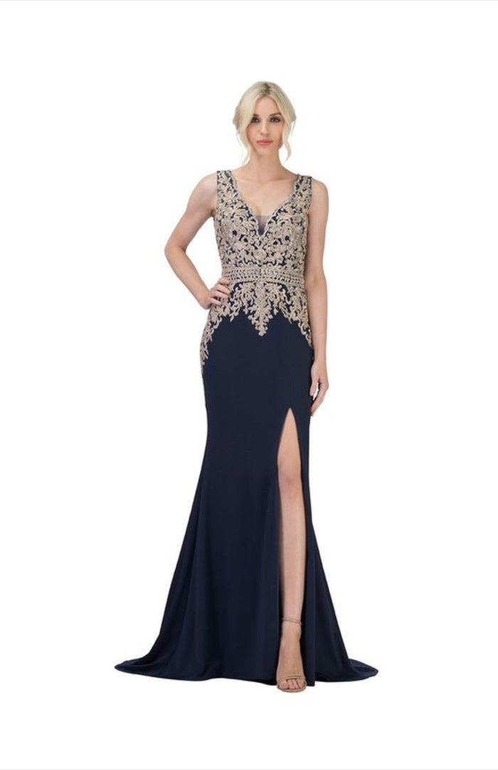 Chicas C7530 Gold V-Neck Long High-Slit Embroidered Fabric Dress