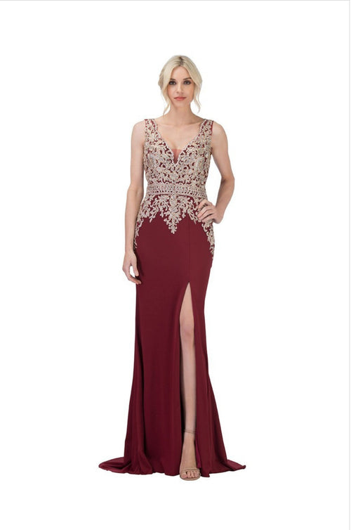 Chicas C7530 Gold V-Neck Long High-Slit Embroidered Fabric Dress
