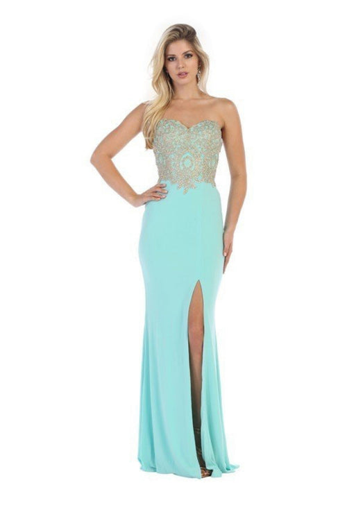Chicas C3308 Gold Mermaid Strapless High-Slit Embroidered Jersey Dress