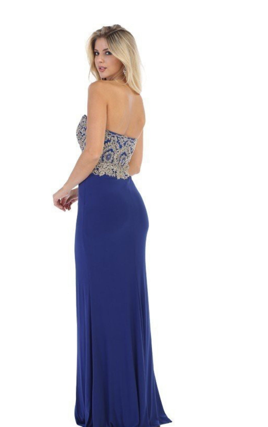 Chicas C3308 Gold Mermaid Strapless High-Slit Embroidered Jersey Dress