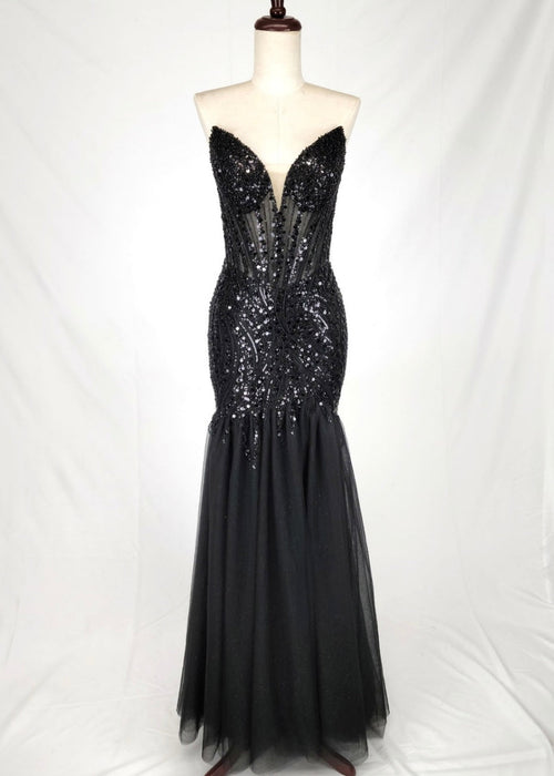Chicas C345 Elegant Evening Black Mermaid Strapless Floor-Length Tulle Dress