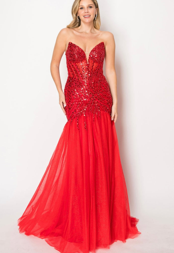 Chicas C345 Elegant Evening Black Mermaid Strapless Floor-Length Tulle Dress