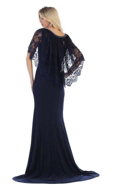 Chicas LM8019 V-Neck Floor-Length Cape Formal Style Lace Dress