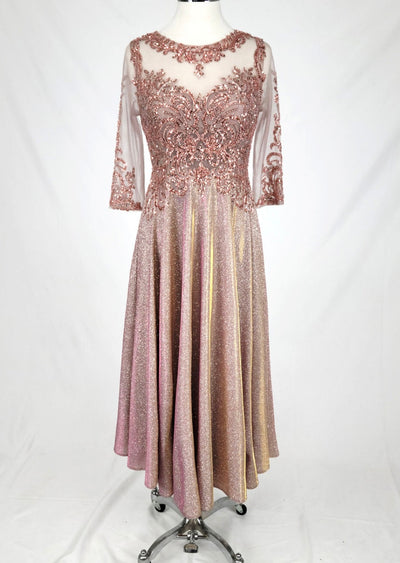 Chicas J040 Formal Gold A-Line Illusion Tea-Length Fabric Dress