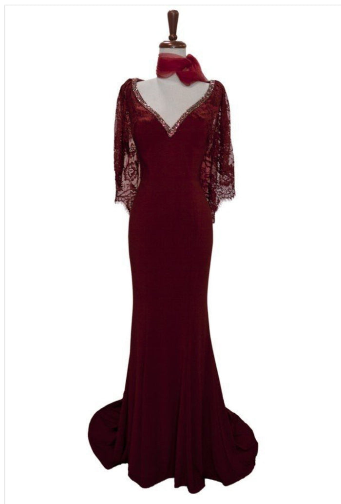 Chicas LM8019 V-Neck Floor-Length Cape Formal Style Lace Dress