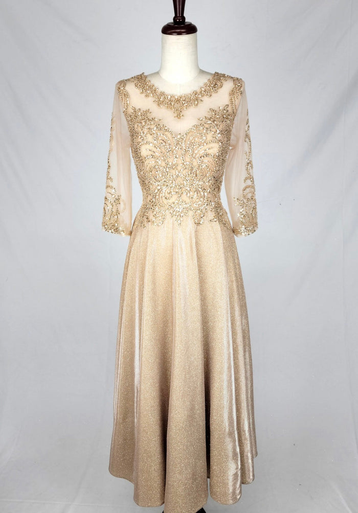 Chicas J040 Formal Gold A-Line Illusion Tea-Length Fabric Dress
