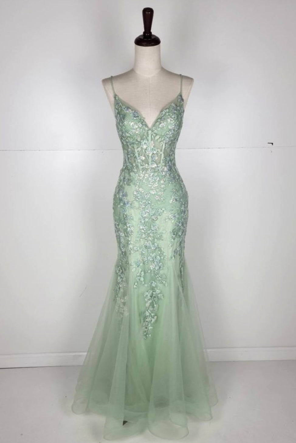 Chicas C334 Mermaid Spaghetti-Strap Floral Floor-Length Corset Ruffled Fabric Dress
