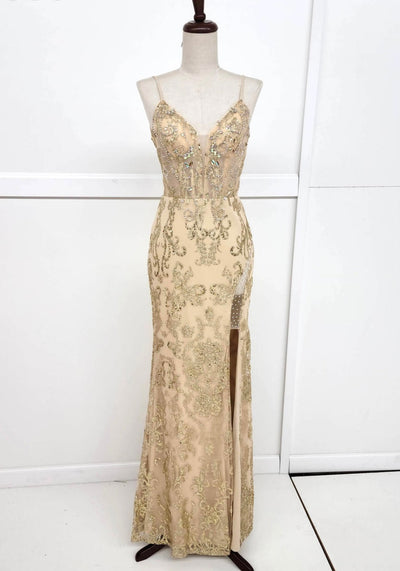 Chicas 4028 Elegant Prom Gold Spaghetti-Strap Corset High-Slit Fabric Dress