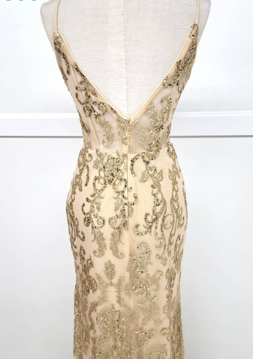 Chicas 4028 Elegant Prom Gold Spaghetti-Strap Corset High-Slit Fabric Dress