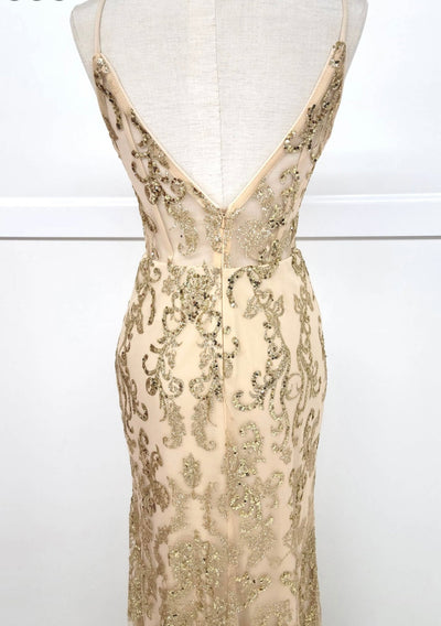 Chicas 4028 Elegant Prom Gold Spaghetti-Strap Corset High-Slit Fabric Dress