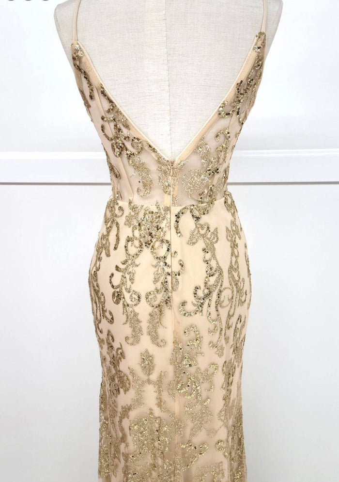 Chicas 4028 Elegant Prom Gold Spaghetti-Strap Corset High-Slit Fabric Dress