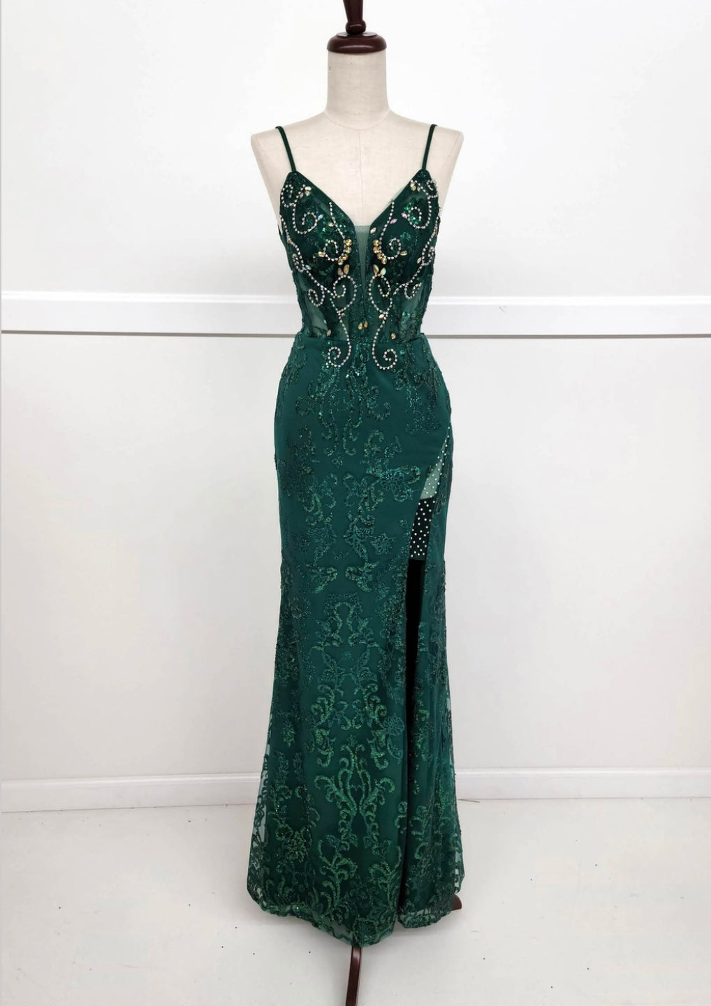 Chicas 4028 Elegant Prom Gold Spaghetti-Strap Corset High-Slit Fabric Dress
