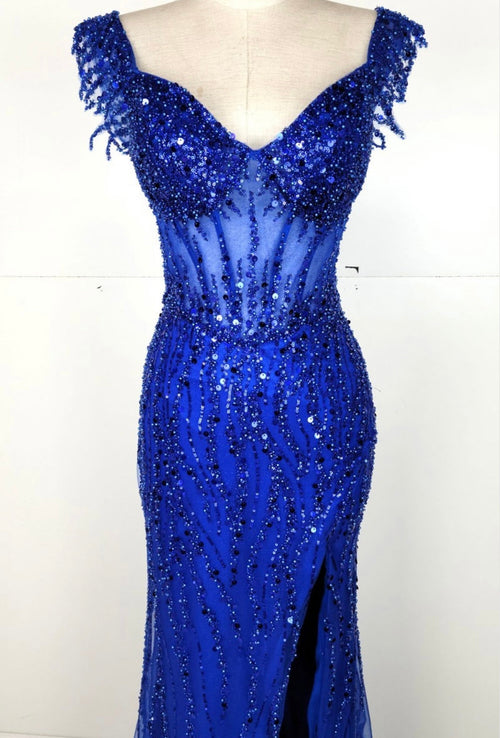 Chicas C331 Black Off-Shoulder Floor-Length High-Slit Sequin Fabric Dress