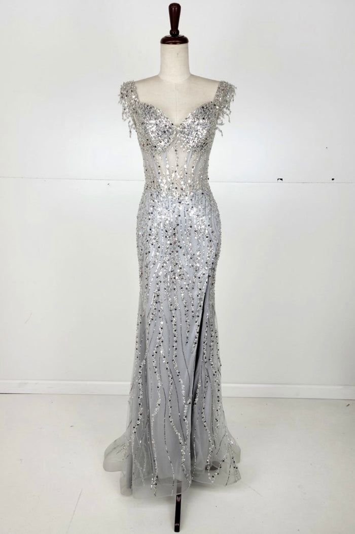 Chicas C331 Black Off-Shoulder Floor-Length High-Slit Sequin Fabric Dress