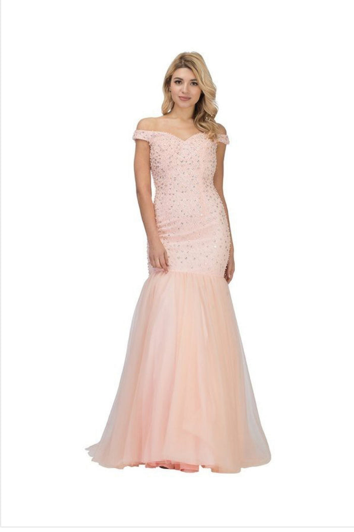 Chicas C9162 Fit-and-Flare Off-Shoulder Floor-Length Beaded Tulle Dress