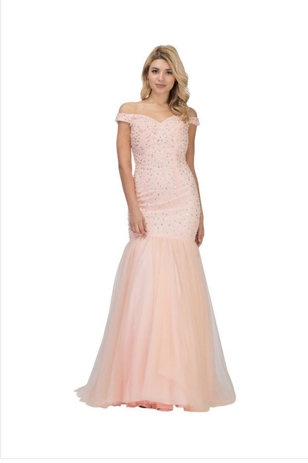 Chicas C9162 Fit-and-Flare Off-Shoulder Floor-Length Beaded Tulle Dress