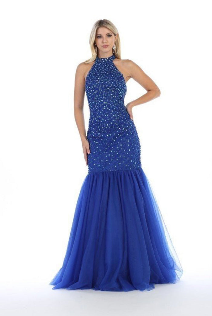 Chicas C8272 Fit-and-Flare Halter Floor-Length Formal Fabric Dress