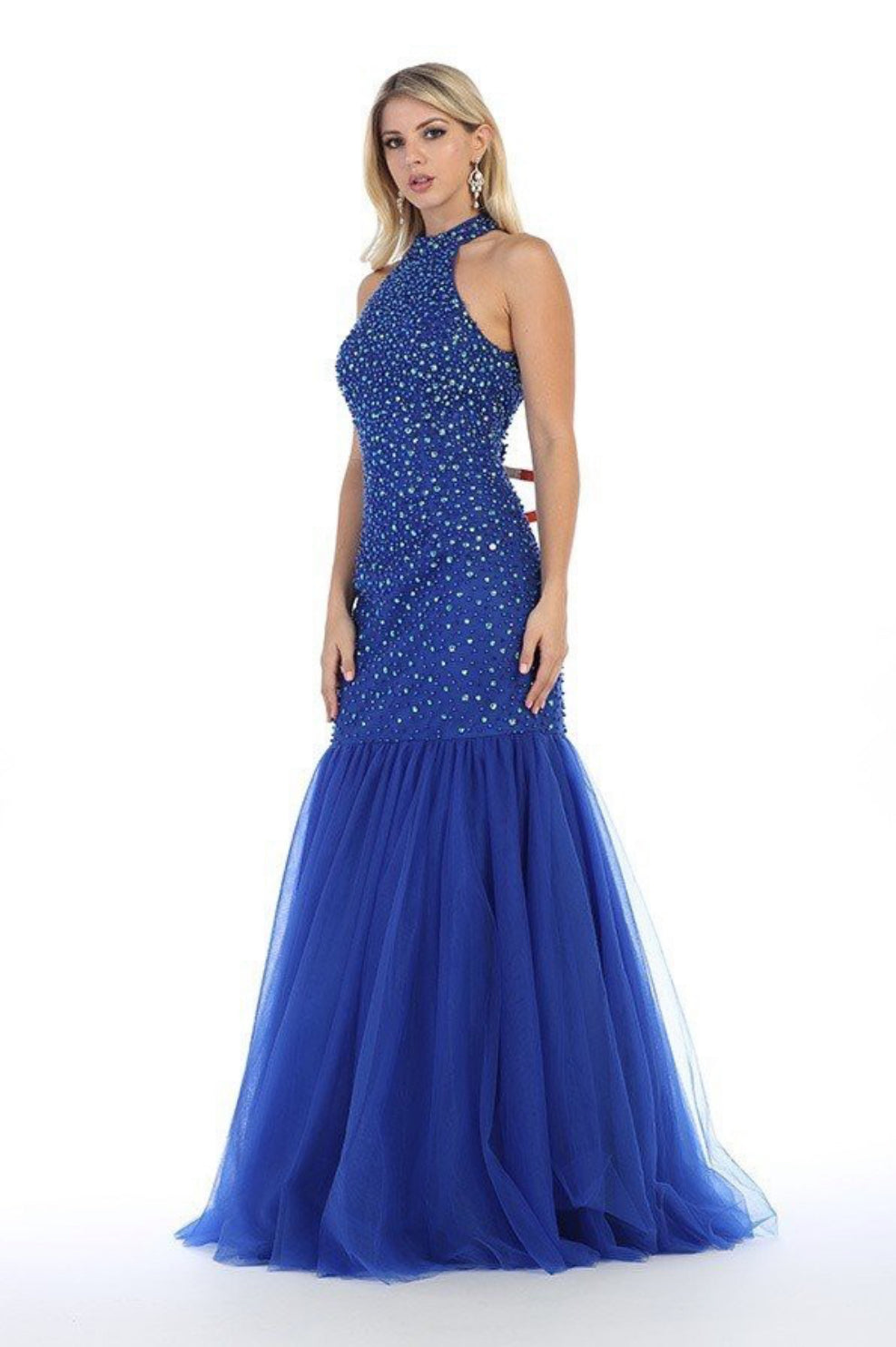 Chicas C8272 Fit-and-Flare Halter Floor-Length Formal Fabric Dress