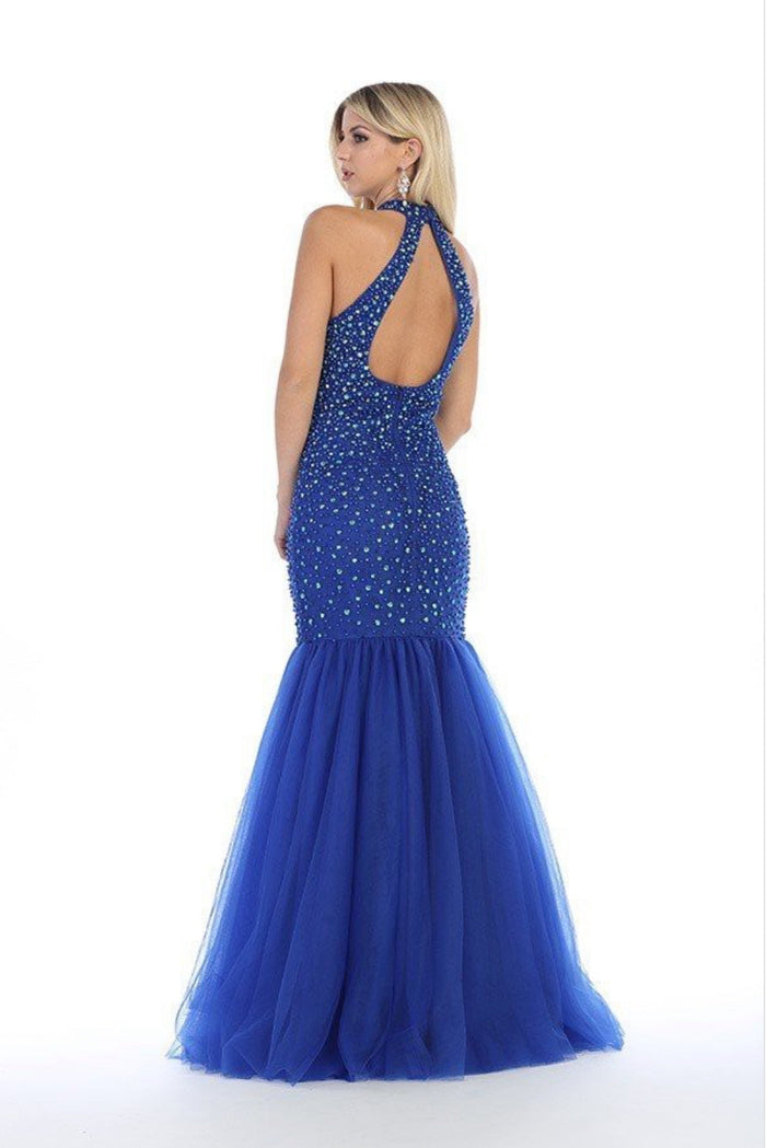 Chicas C8272 Fit-and-Flare Halter Floor-Length Formal Fabric Dress